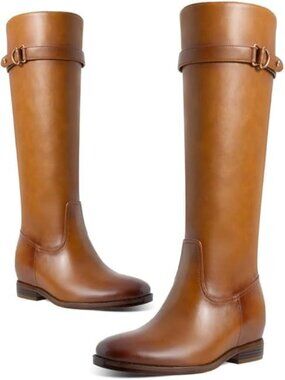 Women's Brown Round Toe Low Heel Comfortable Side Zipper Flat Knee High Boots
